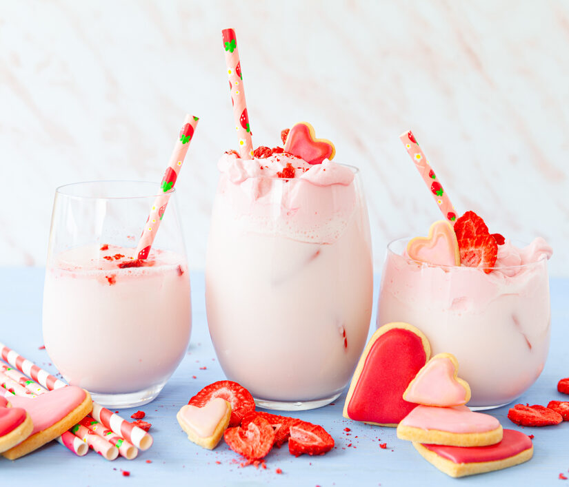 Ice,Cold,Milk,Shake,With,Cream,And,Dried,Stawberries